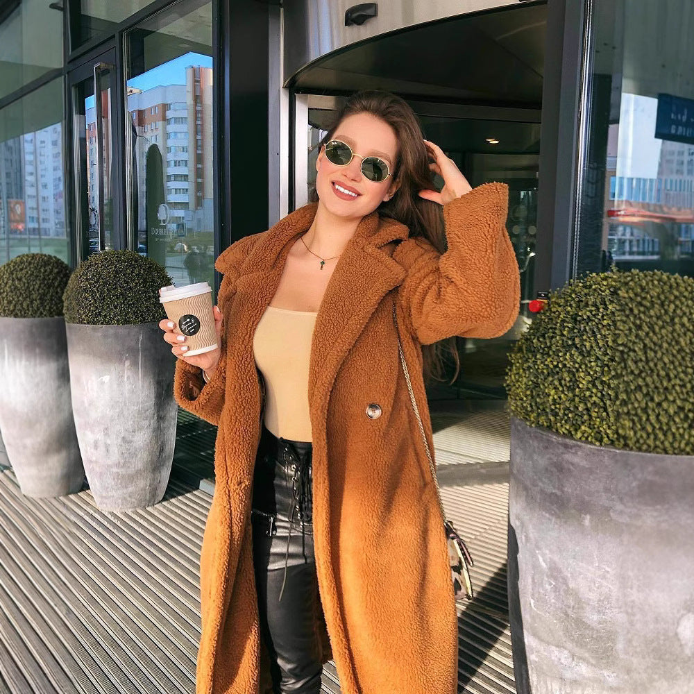 Oversized Teddy Coat with Notch Lapel, One-Button Longline Fleece