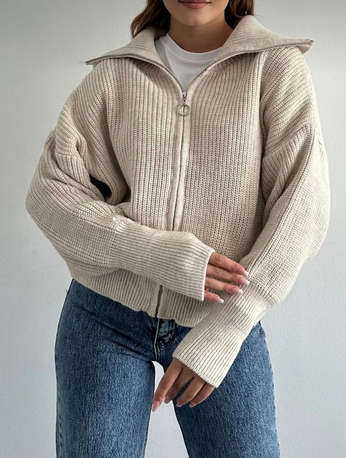 Zip-Up Rib Knit Cardigan with Oversized Collar, Cropped Fit