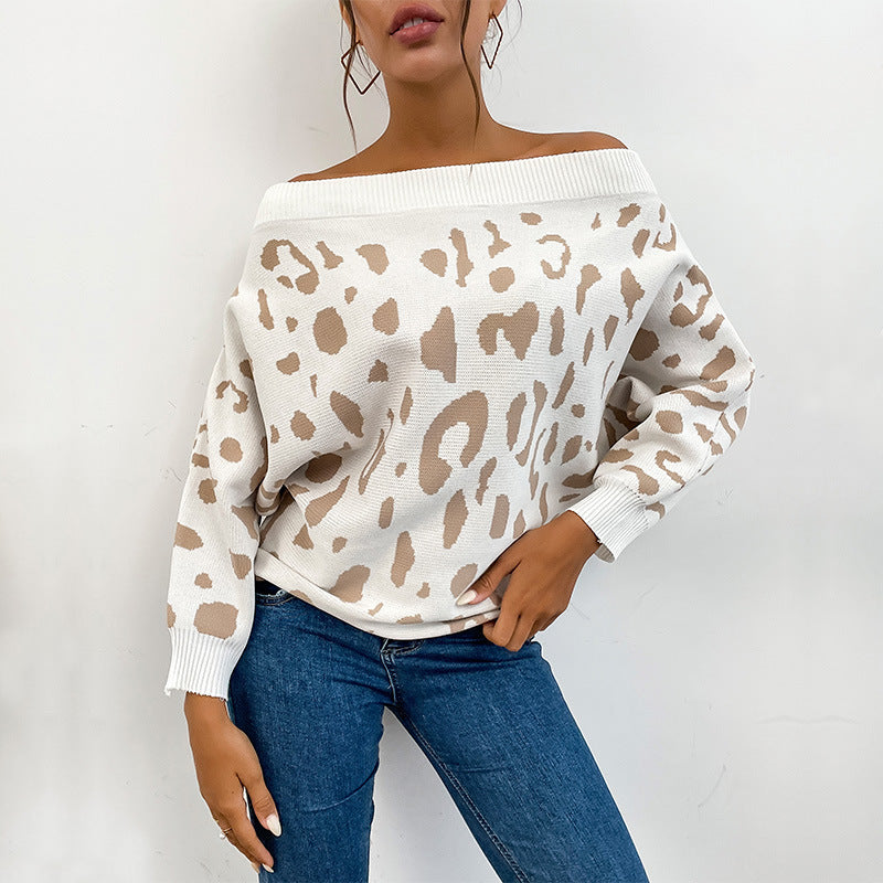 Off-Shoulder Leopard Knit Sweater, Batwing Women's Jumper