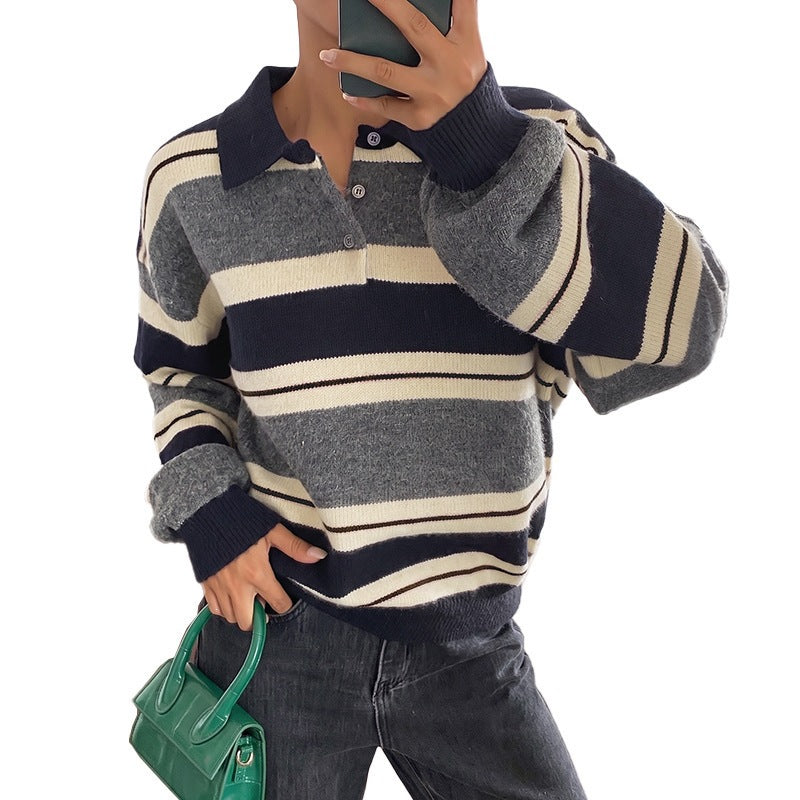 Striped Polo Collar Sweater with Button Placket, Relaxed Rugby Jumper