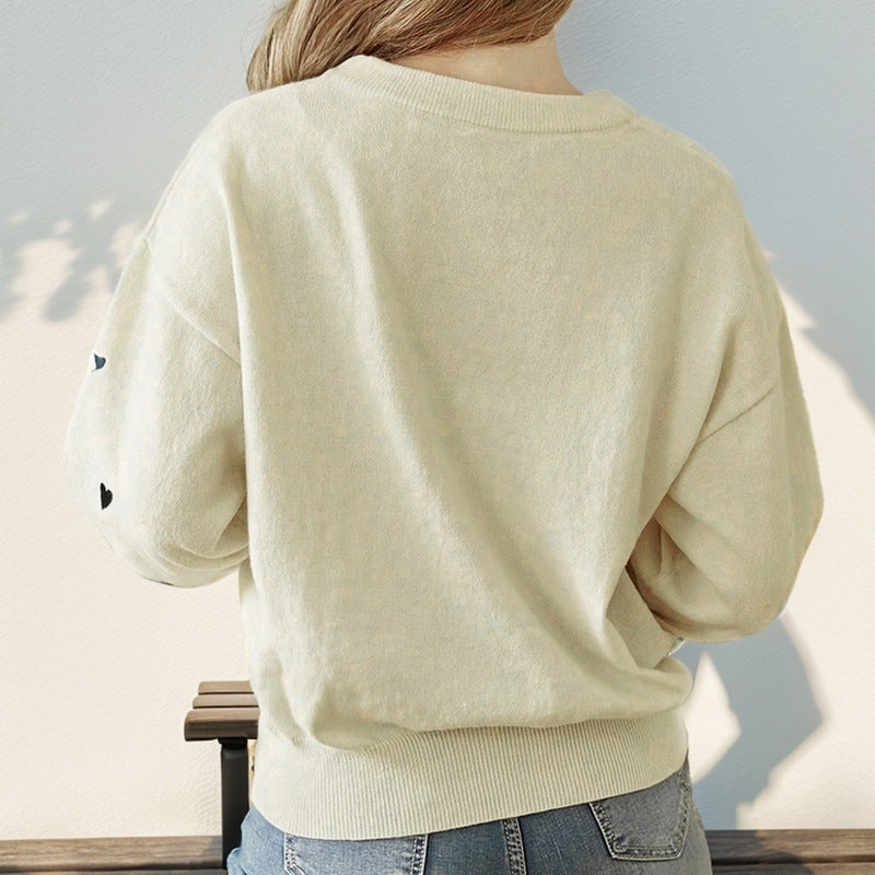 Light Beige Knit Sweater with Scattered Black Hearts, Women's Jumper