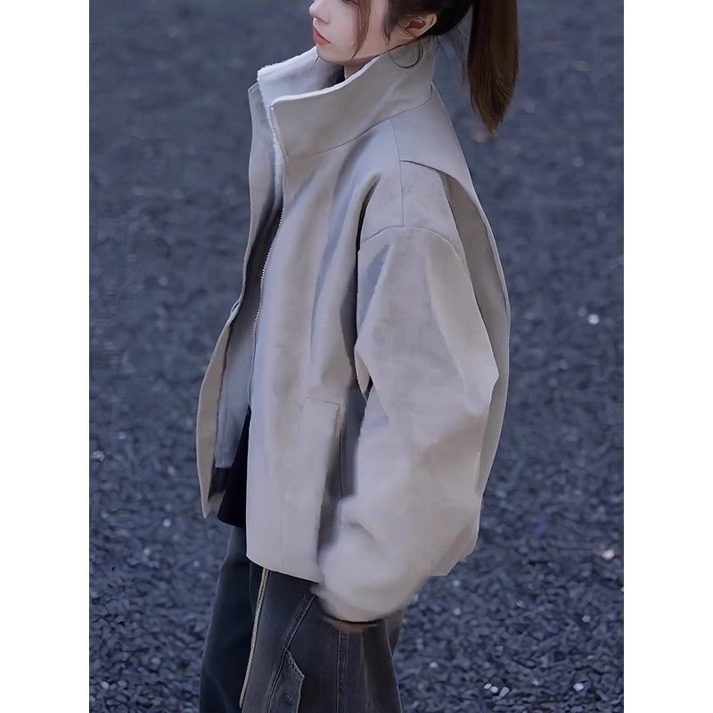Oversized Faux Suede Jacket with Stand Collar and Zip Pockets
