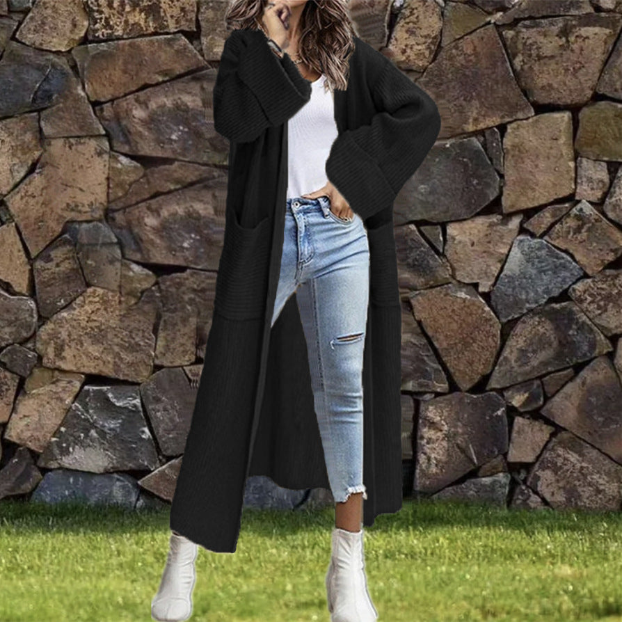 Maxi Knit Cardigan with Deep Patch Pockets and Turn-Up Cuffs