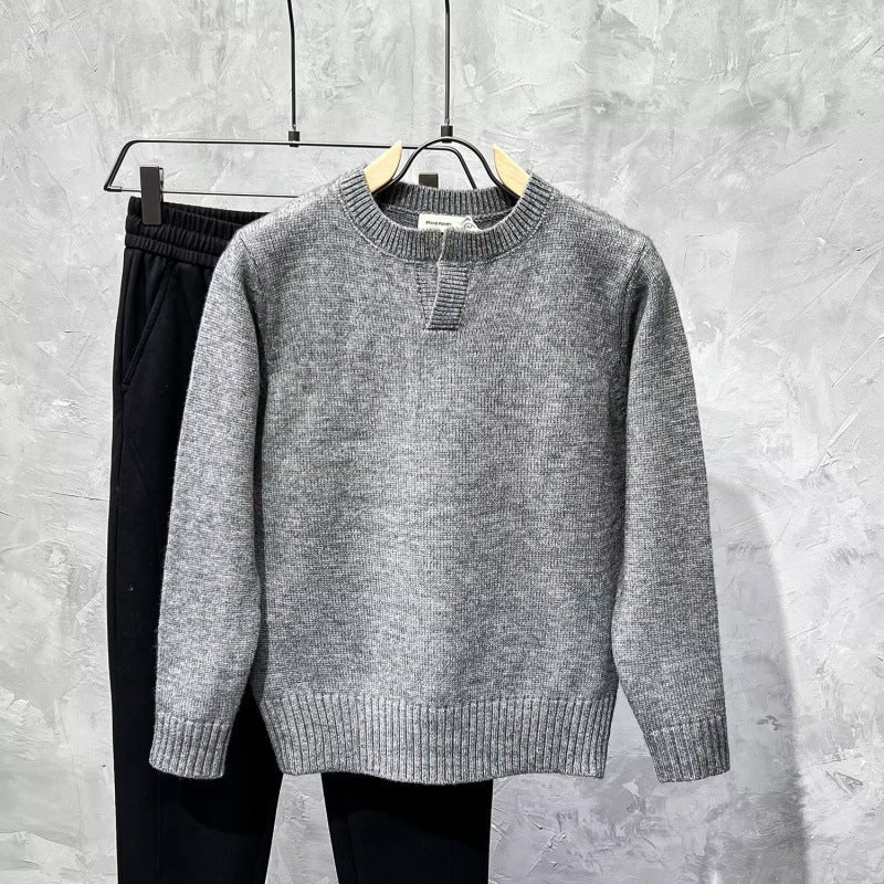 Notch Neck Knit Sweater with Ribbed Hem, Unisex Crew Jumper