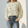Light Beige Knit Sweater with Scattered Black Hearts, Women's Jumper