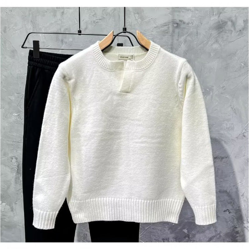 Notch Neck Knit Sweater with Ribbed Hem, Unisex Crew Jumper