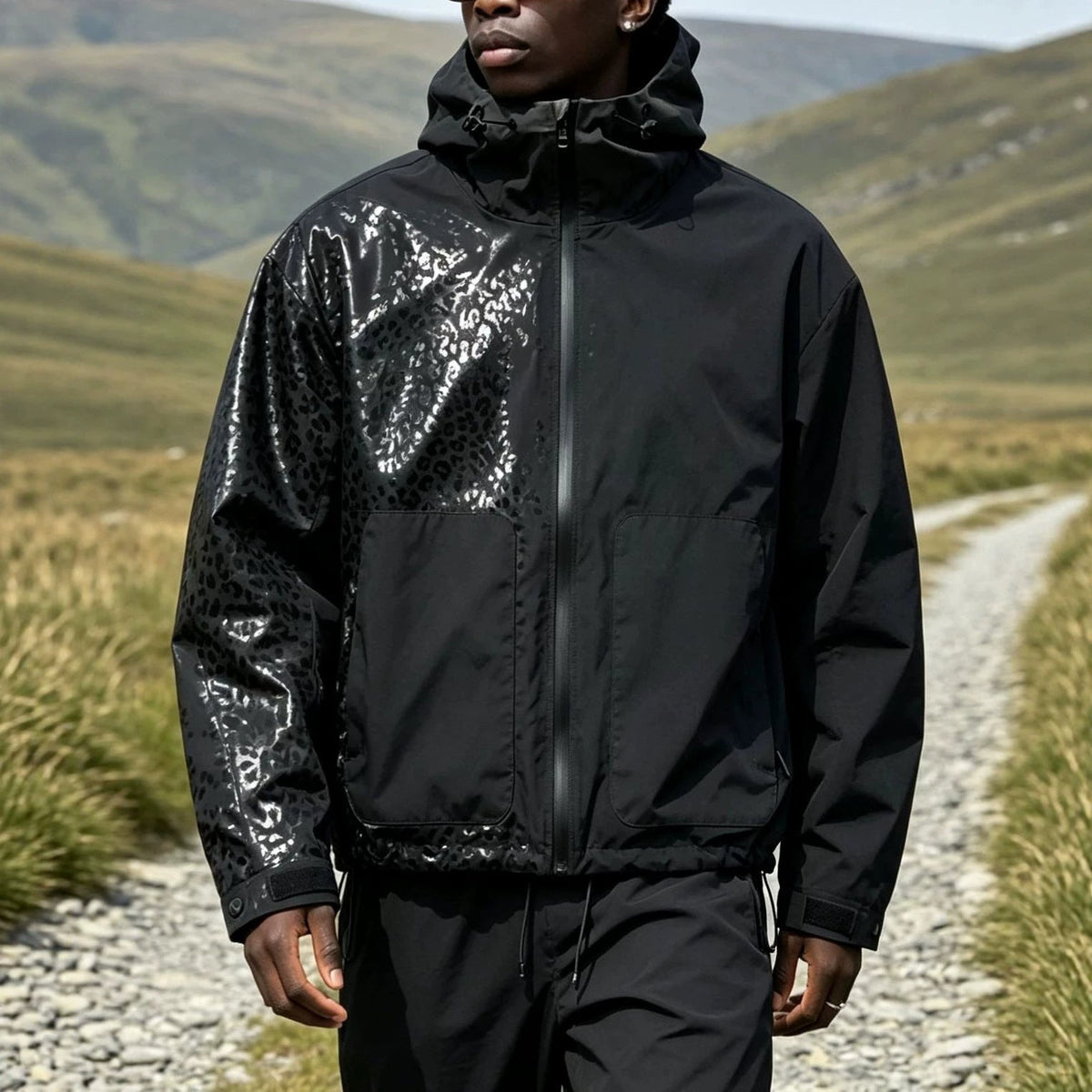Men's Hooded Windbreaker Jacket with Leopard Print Panel, Zip Front
