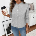 Grey Button-Front Knit Cardigan with Rolled Crew Neck, Fine Gauge