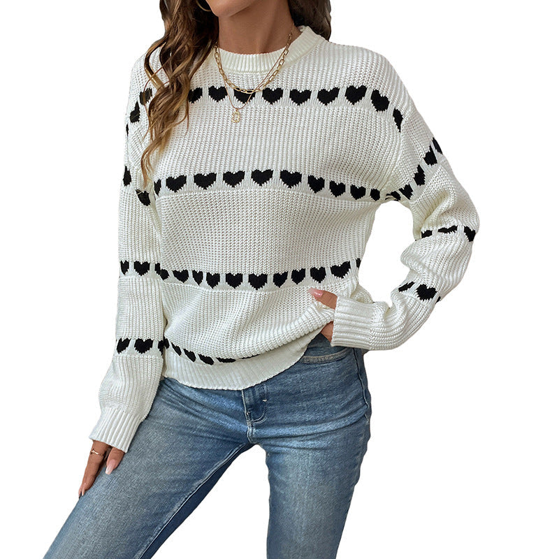 Heart Pattern Knit Sweater, Crew Neck Women's Jumper