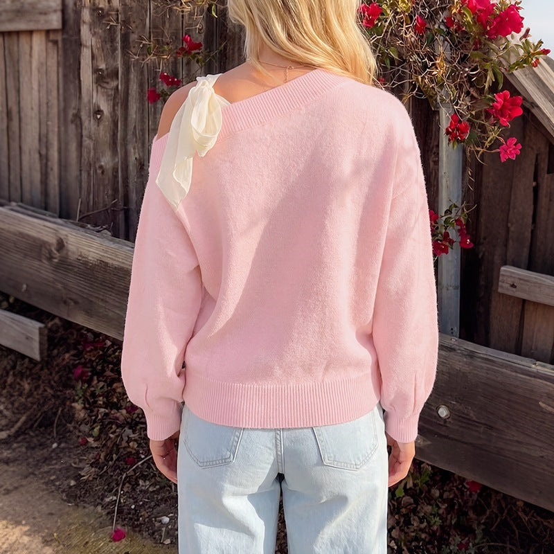 Pink Off-Shoulder Bow Sweater with Balloon Sleeves, Women's Jumper