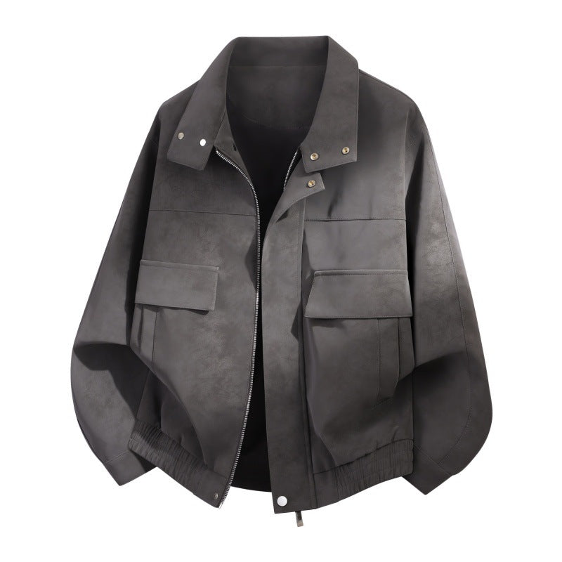 Oversized Suede-Look Jacket with Flap Pockets and Snap Collar