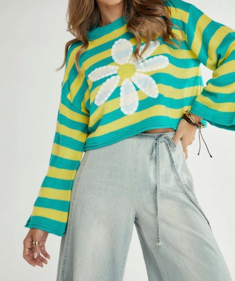 Striped Daisy Sweater with Bell Sleeves, Cropped Women's Jumper