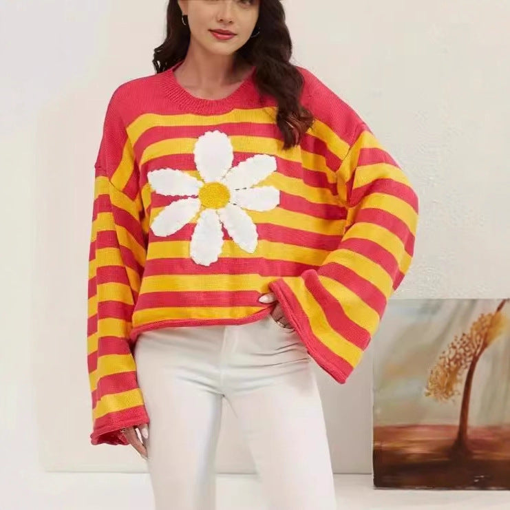 Striped Daisy Sweater with Bell Sleeves, Cropped Women's Jumper