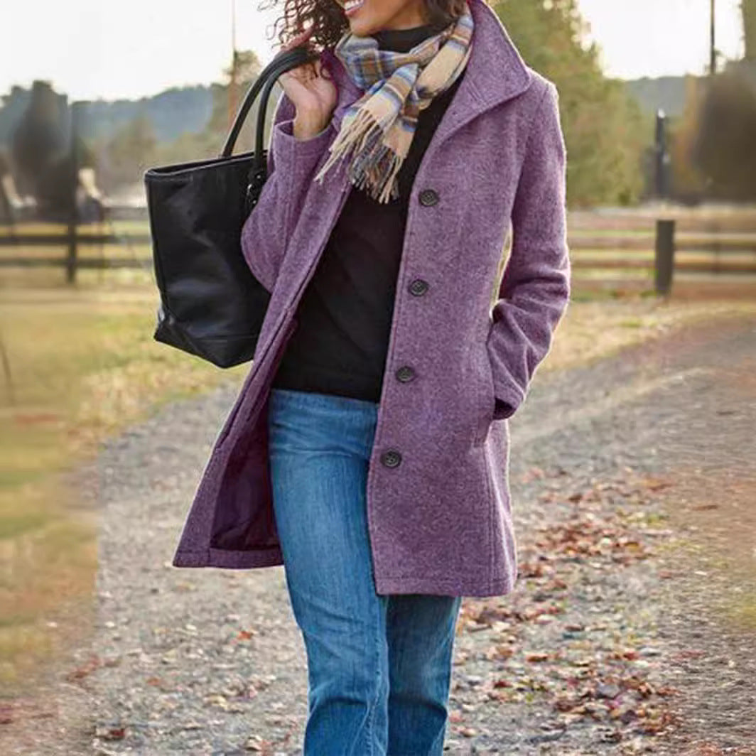 Mid-Length Single-Breasted Coat with Lapels and Side Pockets