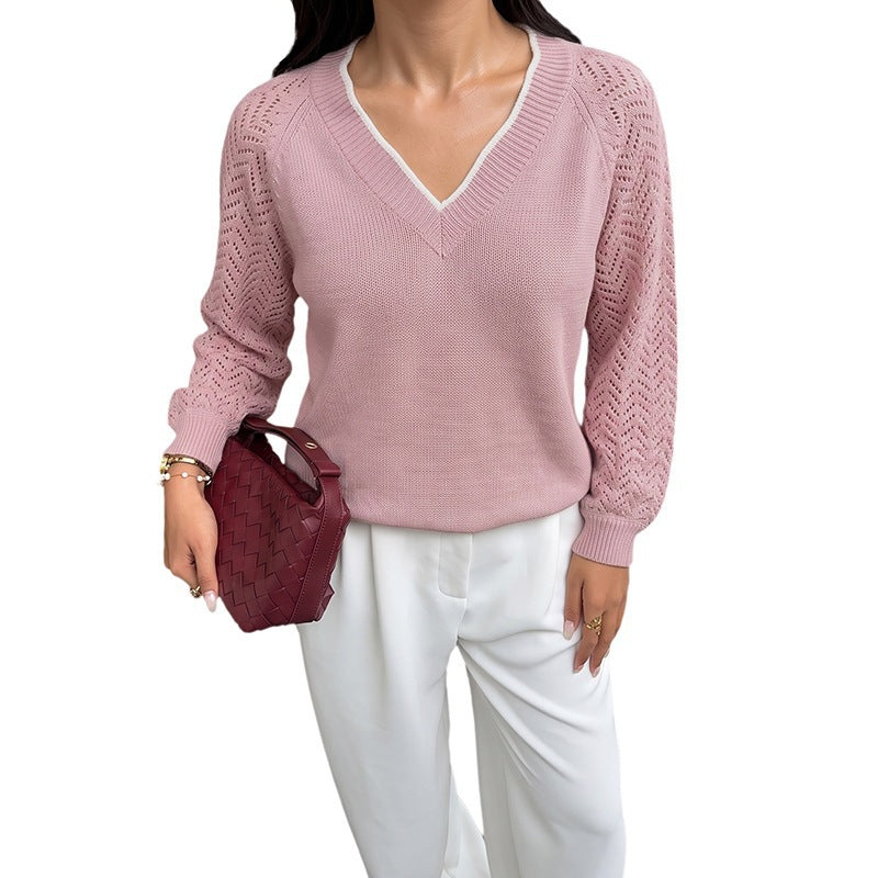 Pink V-Neck Sweater with Openwork Sleeves, White Trim, Women's Jumper