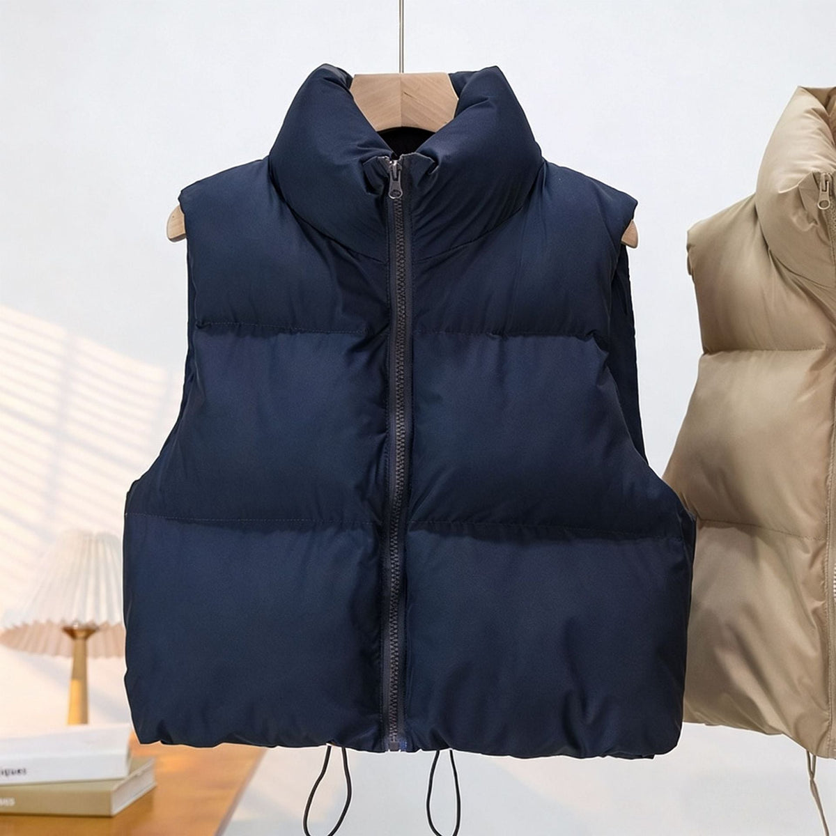 Cropped Puffer Vest with Stand Collar and Drawcord Hem, Women's Gilet