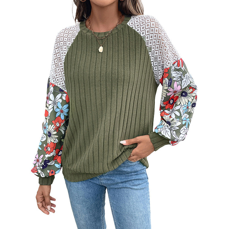 Ribbed Knit Top with Floral Sleeves and Lace Shoulders, Olive Green