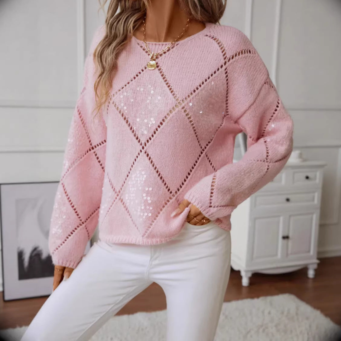 Sequin Argyle Sweater with Pointelle Diamonds, Women's Jumper