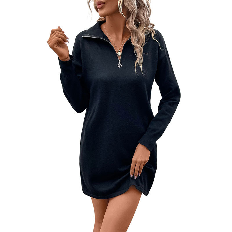 Black Quarter-Zip Sweater Dress with Collar, Knit Jumper Dress