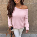 Pink Fluffy Knit Sweater with Wide Neck, Oversized Off-Shoulder Jumper