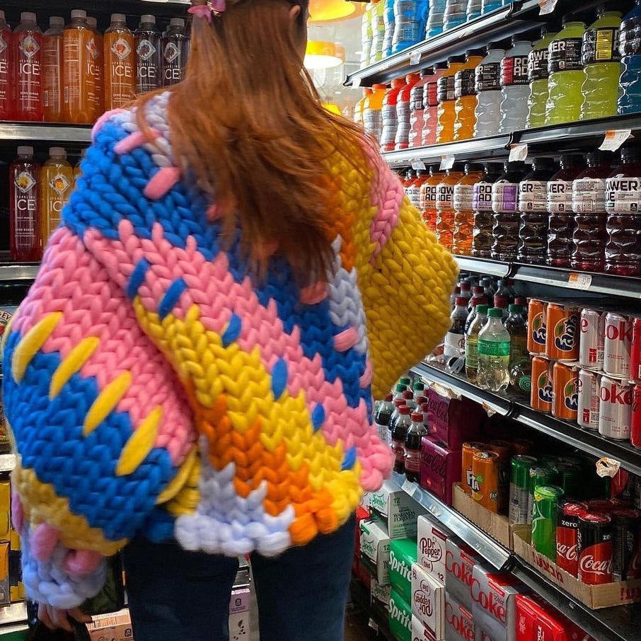 Chunky Knit Cardigan in Rainbow Colour Block, Cropped Balloon Sleeve