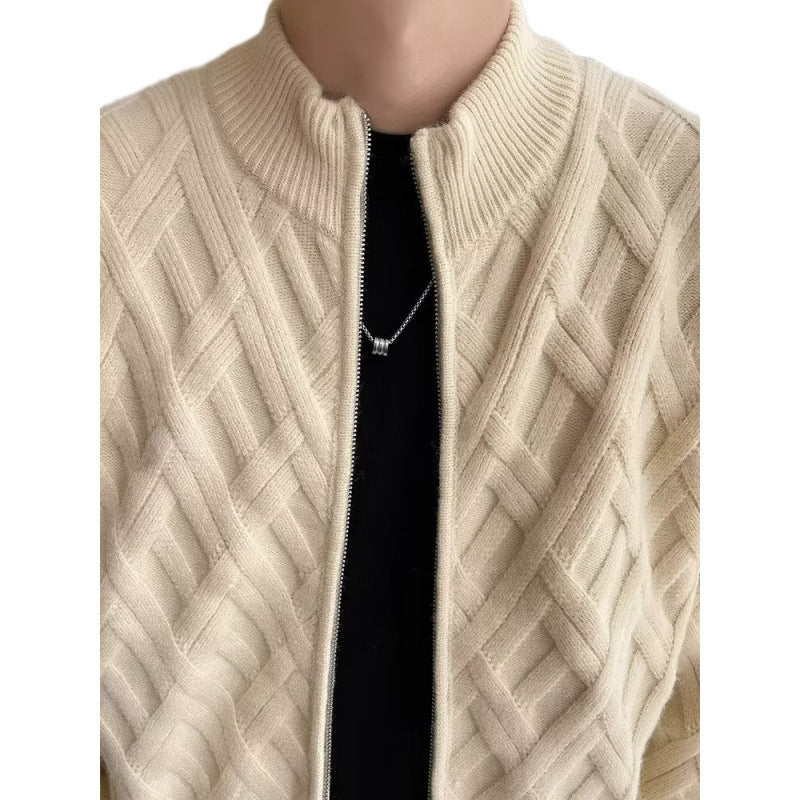 Men's Zip-Up Cardigan with Lattice Knit, Stand Collar Sweater Jacket