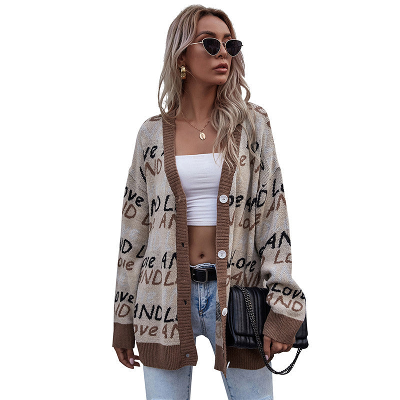 Khaki Lettering Knit Cardigan with V-Neck and Buttons, Relaxed Fit