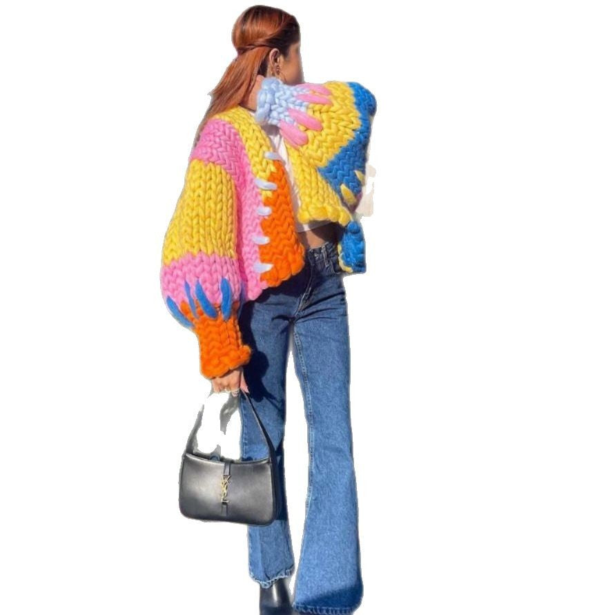 Chunky Knit Cardigan in Rainbow Colour Block, Cropped Balloon Sleeve