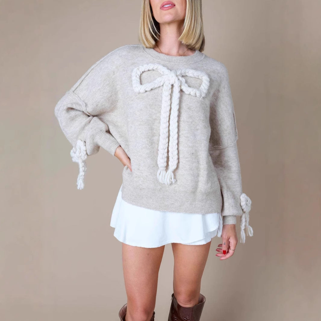 Braided Bow Knit Sweater with Tie Cuffs, Women's Jumper