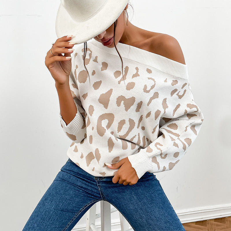 Off-Shoulder Leopard Knit Sweater, Batwing Women's Jumper