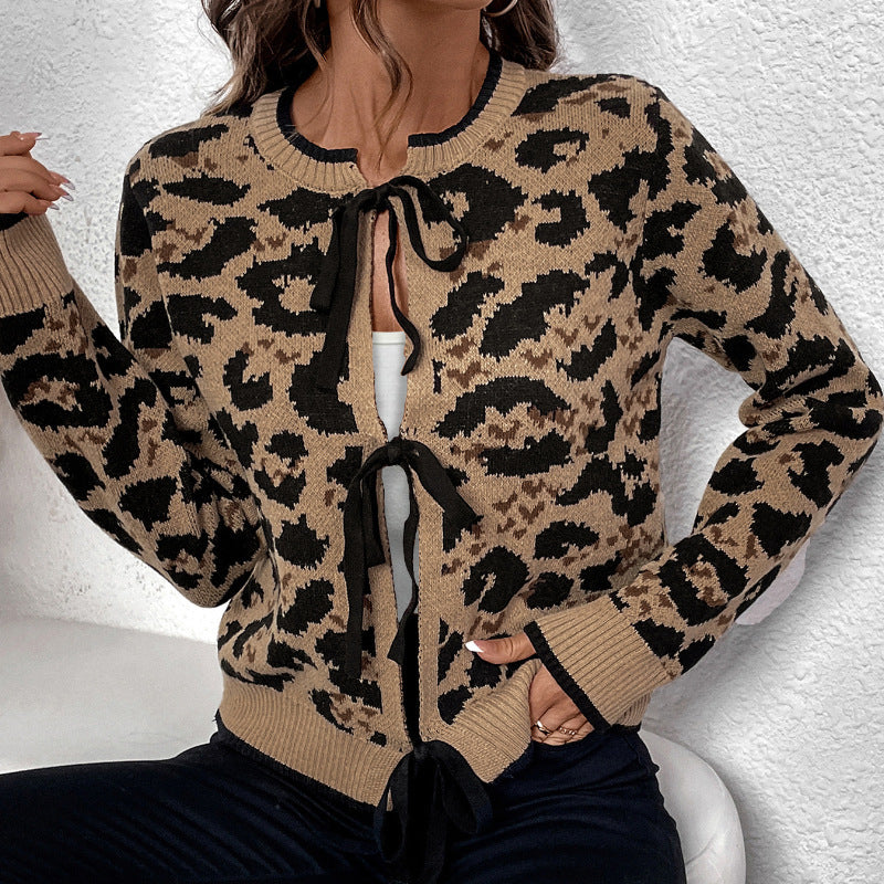 Leopard Jacquard Knit Cardigan with Bow Ties, Ribbed Crew Neck