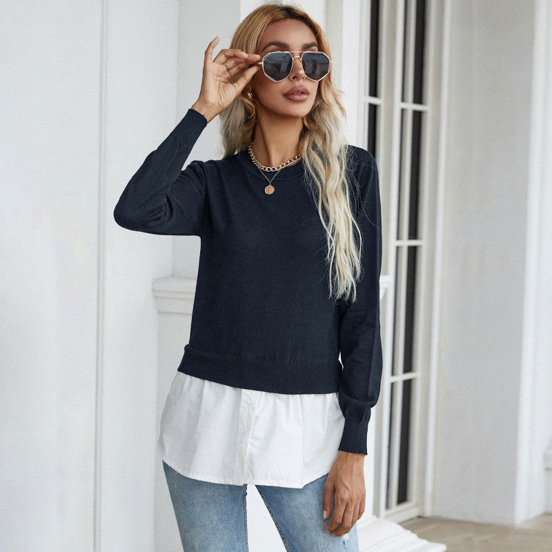 Shirt Hem Sweater with Crew Neck, 2-in-1 Layered Women's Jumper