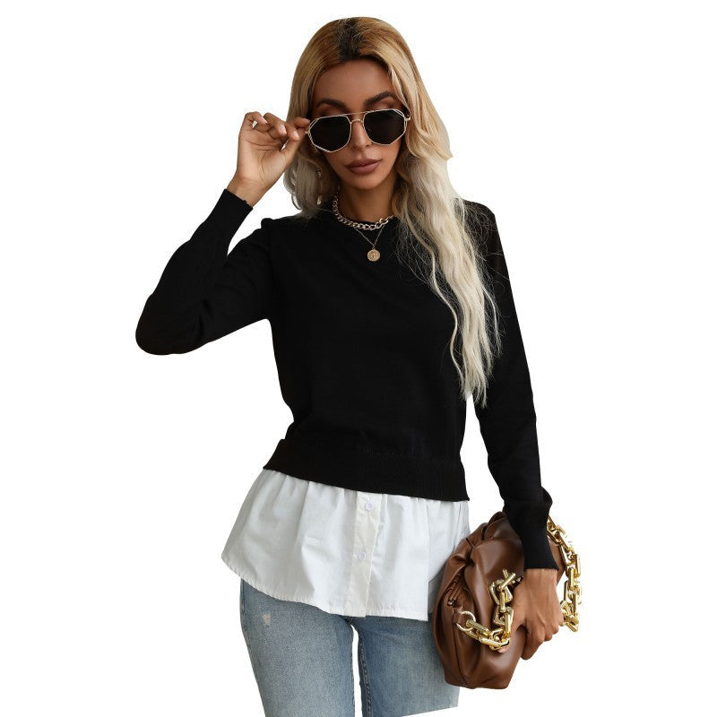 Shirt Hem Sweater with Crew Neck, 2-in-1 Layered Women's Jumper