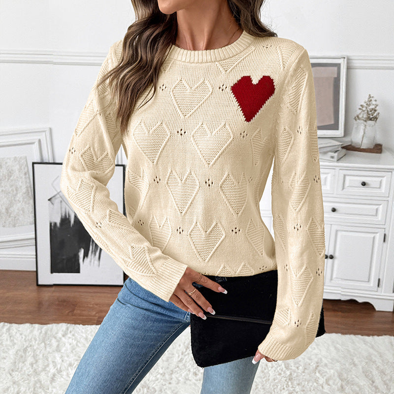 Apricot Heart Knit Sweater with Red Heart Motif, Women's Jumper