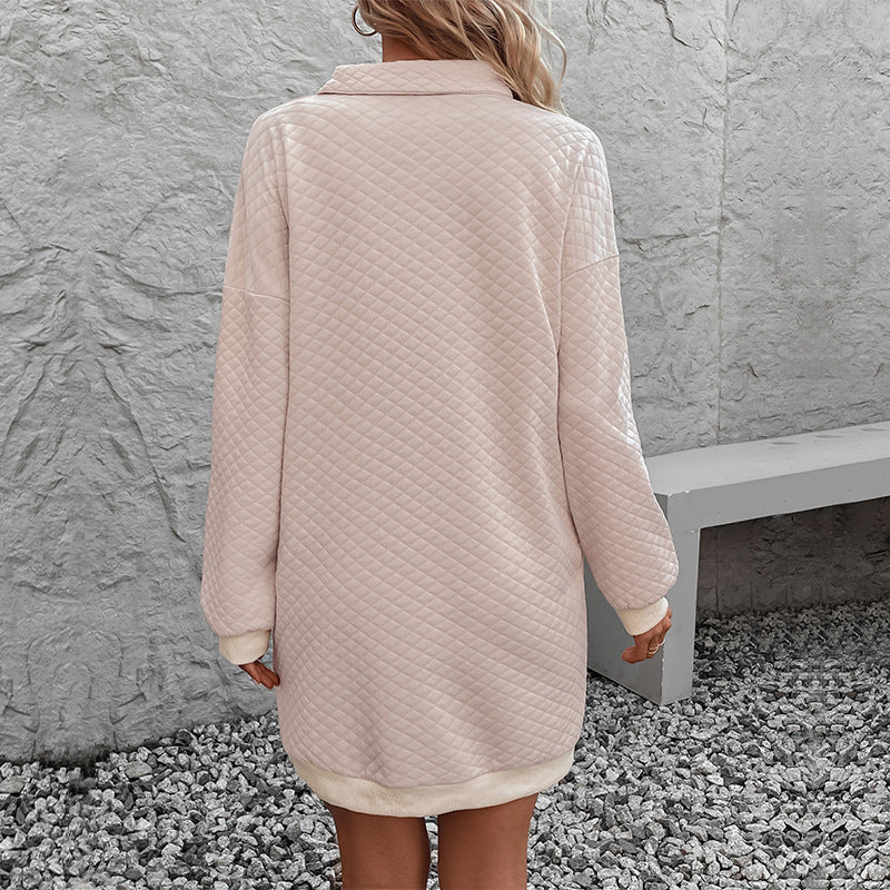 Quilted Sweatshirt Dress with Polo Collar, Oversized Mini