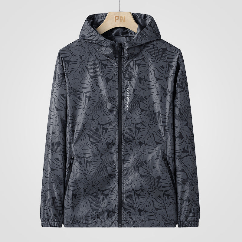 Lightweight Hooded Windbreaker With a Leaf Print, Unisex Cagoule
