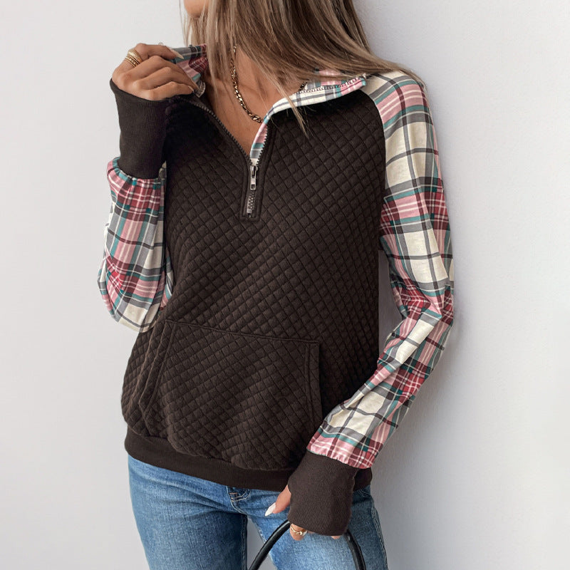 Quilted Quarter-Zip Sweatshirt with Plaid Sleeves and Stand Collar