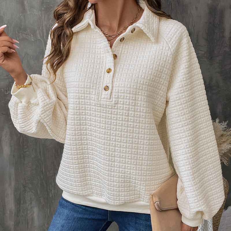 Collared Waffle Sweatshirt with Half Button Placket, Balloon Sleeves