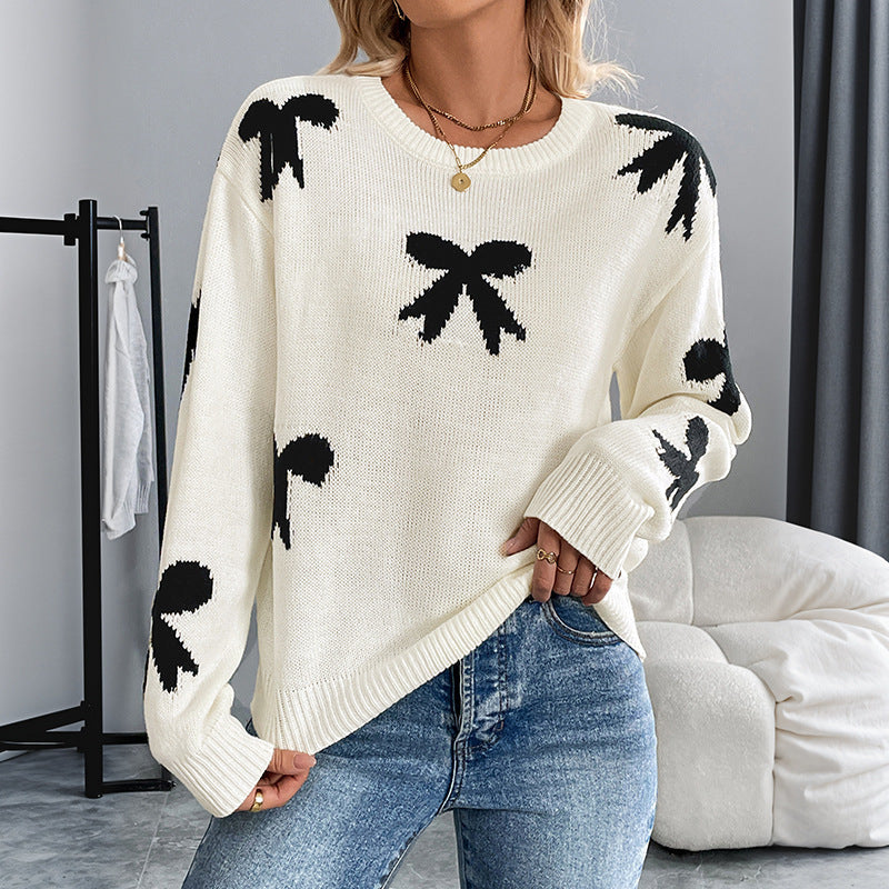 Off-White Bow Sweater with Black Jacquard Bows, Crew Neck Jumper