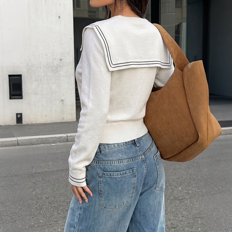 White Sailor Collar Sweater with Striped Tie Neck, Slim Knit Jumper