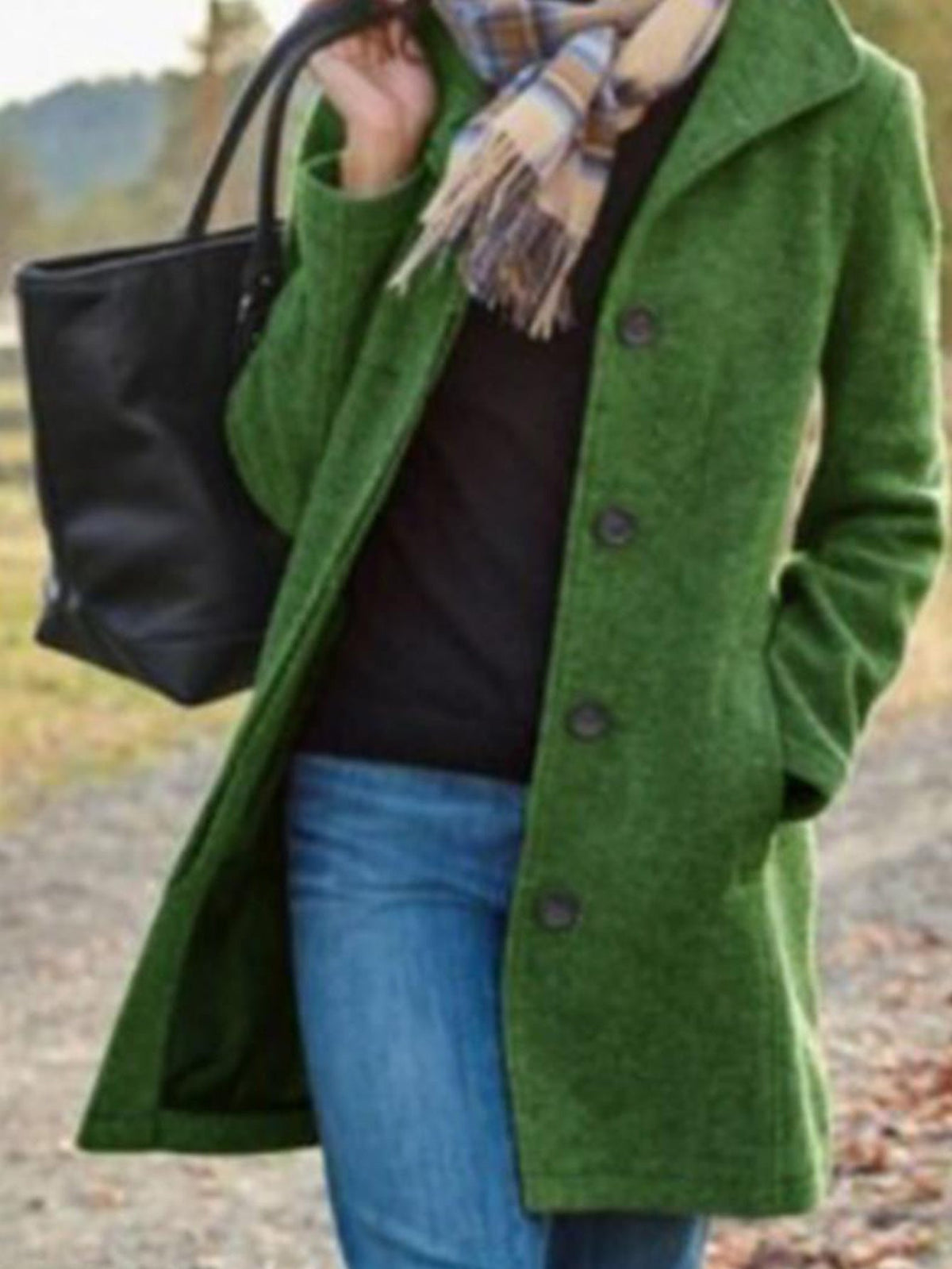 Mid-Length Single-Breasted Coat with Lapels and Side Pockets
