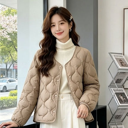 Lightweight Quilted Jacket with Press Studs, Collarless V-Neck