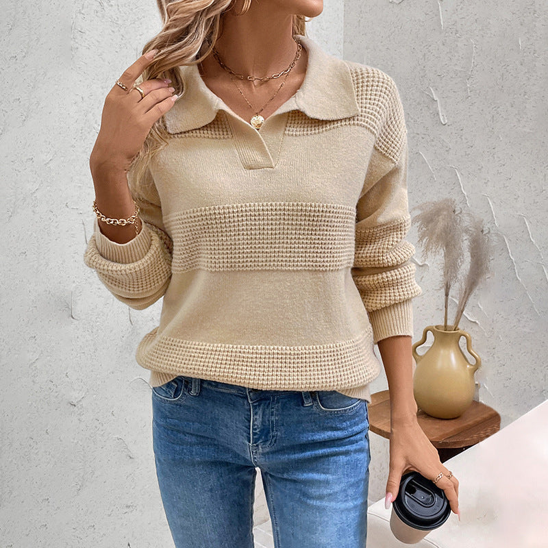 Khaki Polo Collar Sweater with Waffle Knit Panels, Women's Jumper
