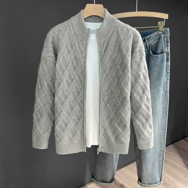 Men's Zip-Up Cardigan with Lattice Knit, Stand Collar Sweater Jacket