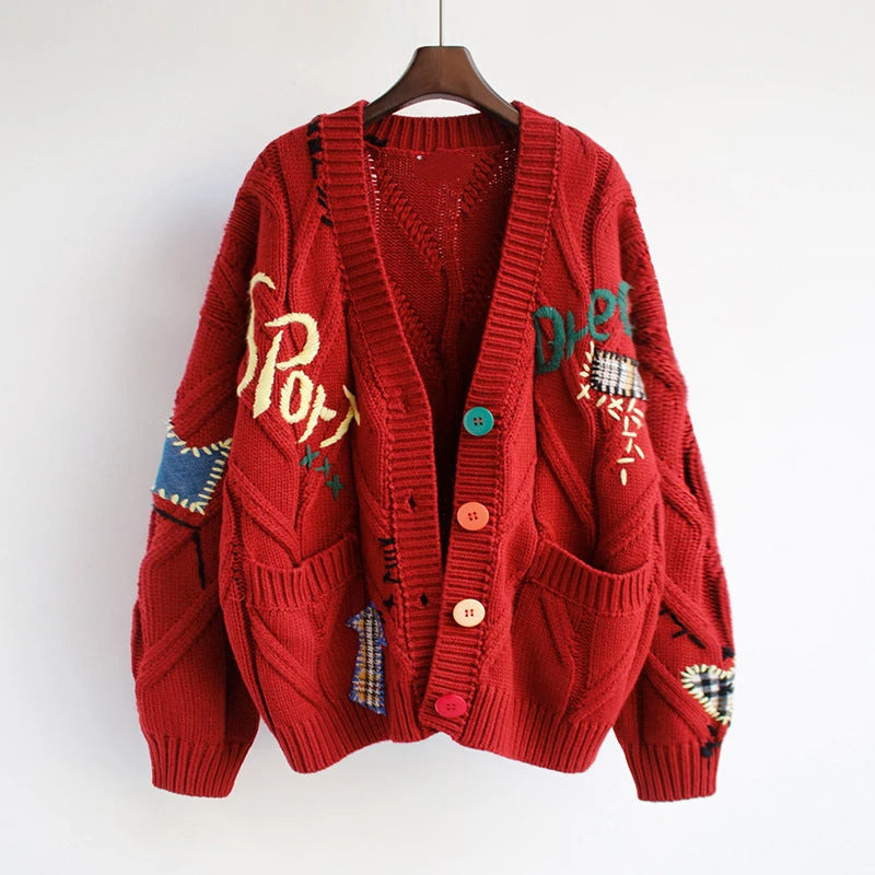 Embroidered Cable Knit Cardigan with Patchwork and Colorful Buttons
