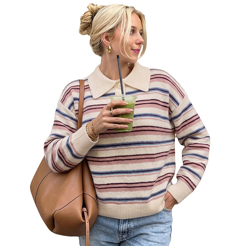 Striped Polo Collar Knit Sweater with Button Placket, Women's Jumper