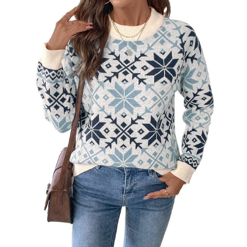 Nordic Snowflake Jacquard Sweater with Crew Neck, Women's Jumper