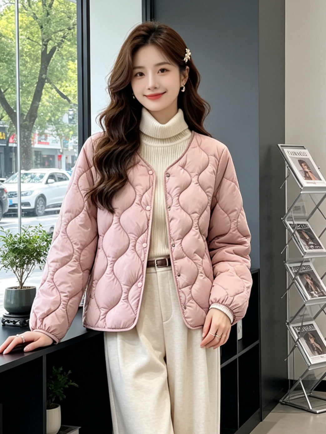 Lightweight Quilted Jacket with Press Studs, Collarless V-Neck