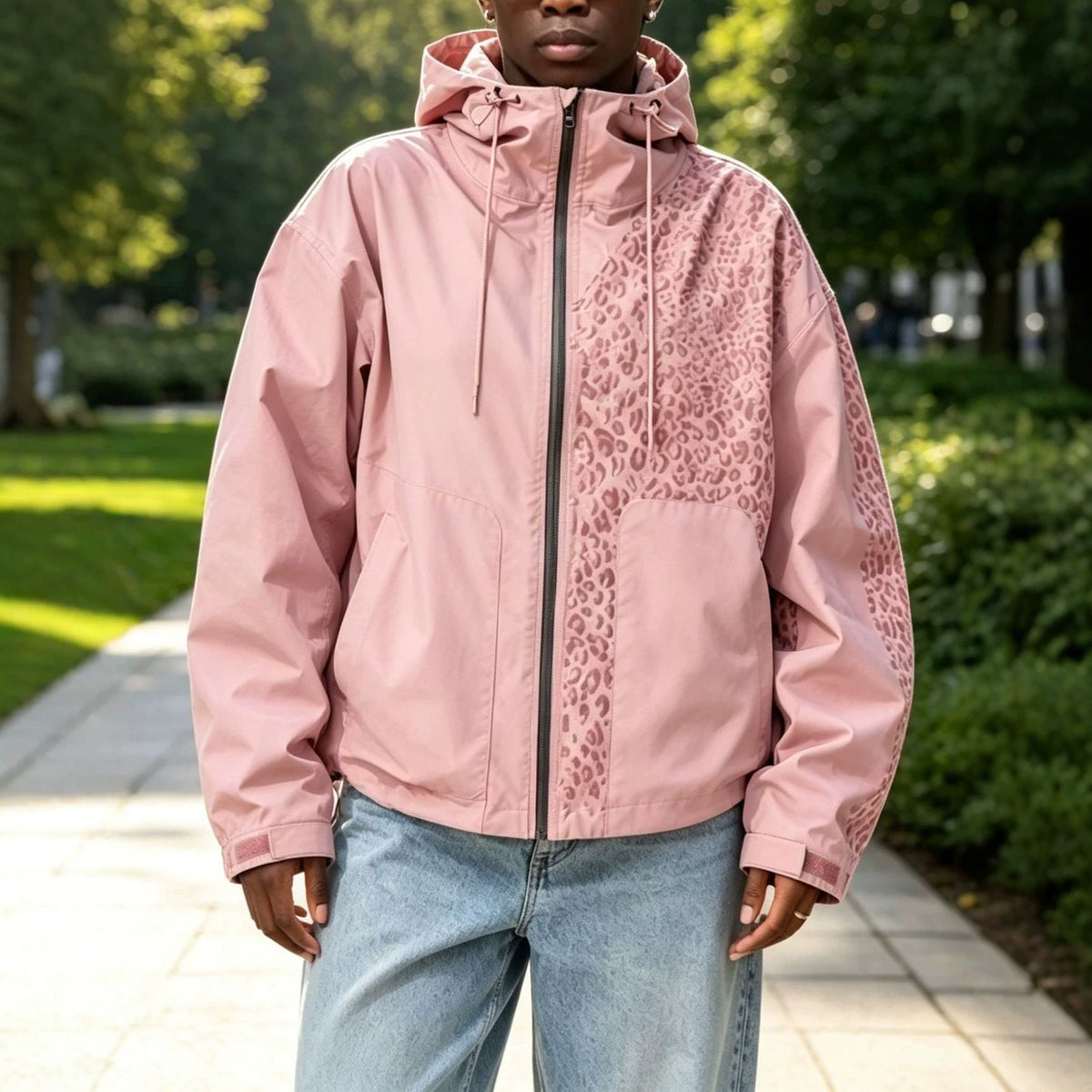 Men's Hooded Windbreaker Jacket with Leopard Print Panel, Zip Front