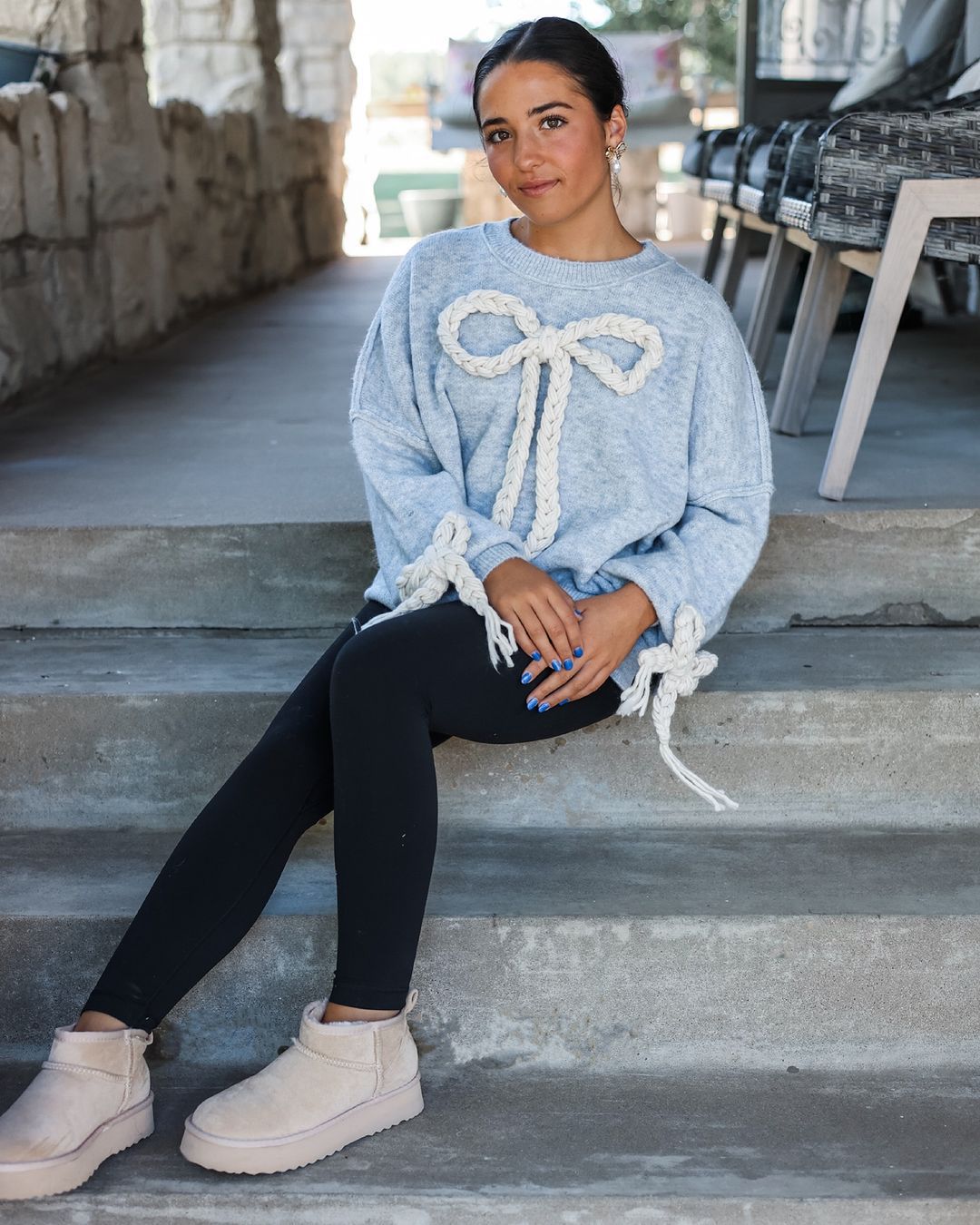 Braided Bow Knit Sweater with Tie Cuffs, Women's Jumper